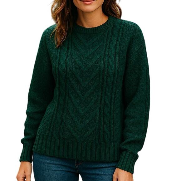Jaeger Sweater Womens Small Green 100% Wool Cable Knit Crewneck Pullover Britain - Picture 1 of 10